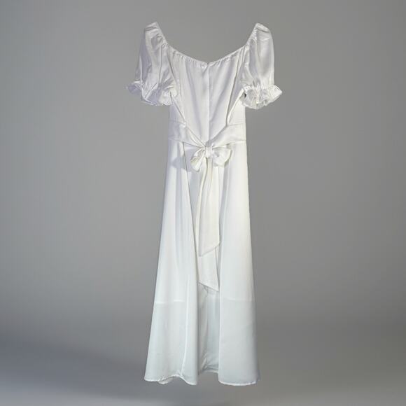 Kirundo Large White Silky Maxi Dress Empire Waist Tie Back Off-Shoulder Sleeve - Picture 2 of 6